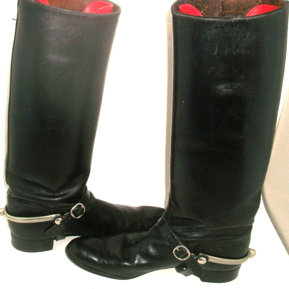 Vtg 1 of a Kind Bespoke Black Leather Riding Boots w Metal Stirrup Harness